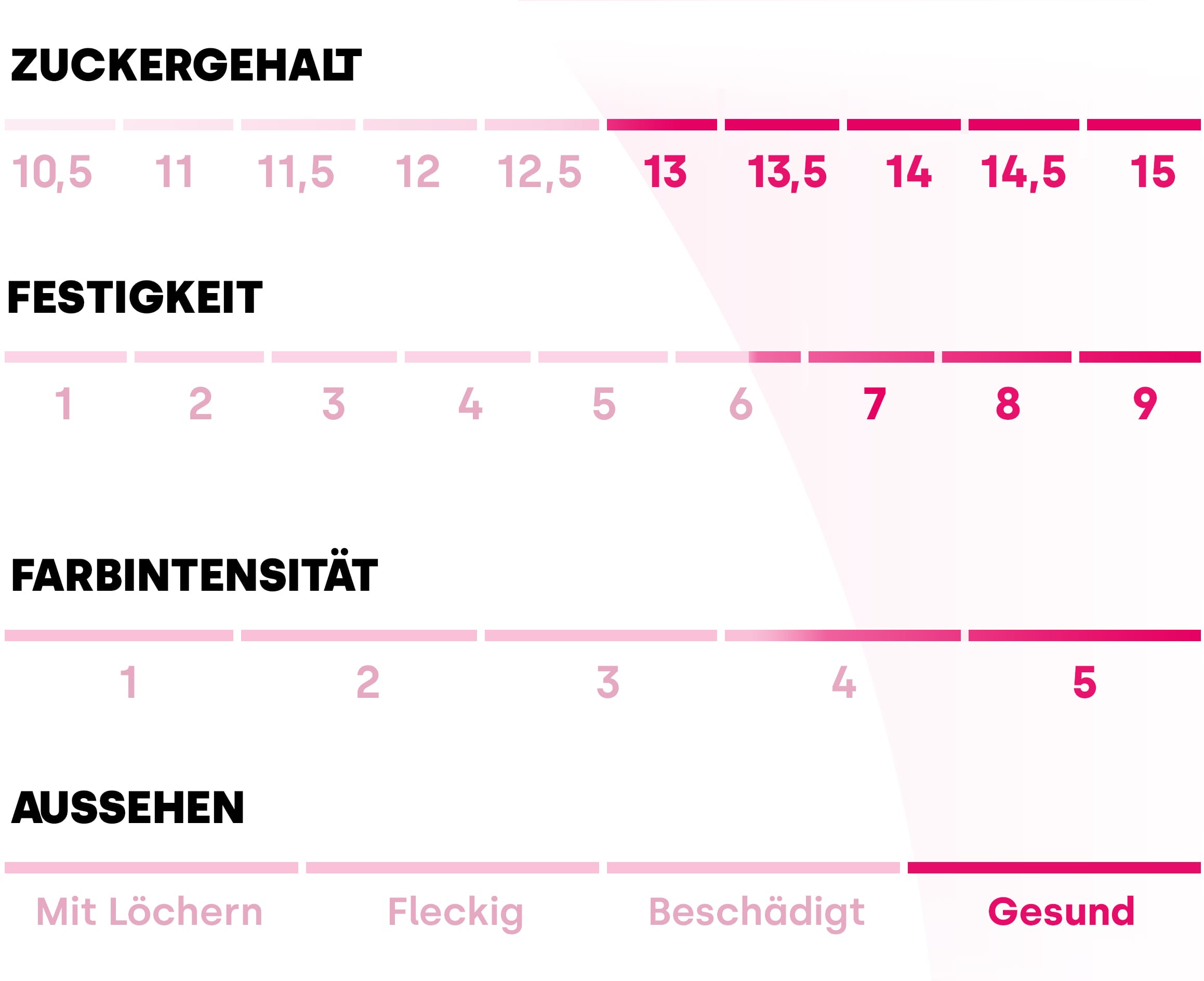 Tabelle, die die verschiedenen Werte für die Qualität des Pink Lady®-Apfels beschreibt. Zuckergehalt: 13/15, Festigkeit: 6,5/9, Farbintensität: 4,5/5 und Aussehen: gesund.