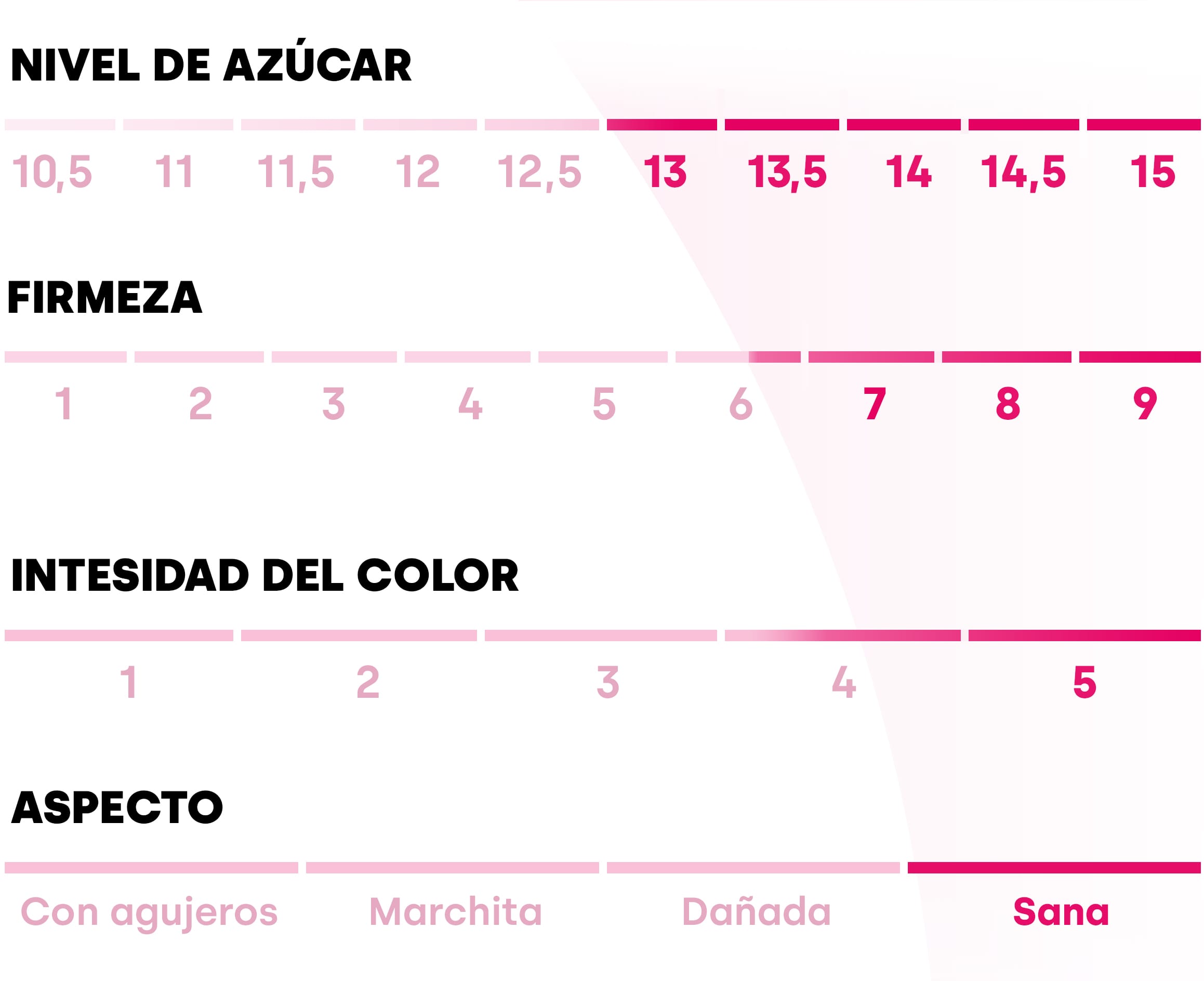Tabla que describe los diferentes valores de la manzana Pink Lady®. Contenido en azúcares: 13/15; firmeza: 6,5/9; intensidad del color: 4,5/5 y aspecto: sana.